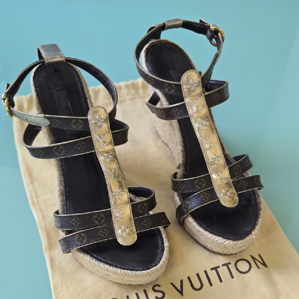 Louis Vuitton Black and Gold Espadrille Sandals